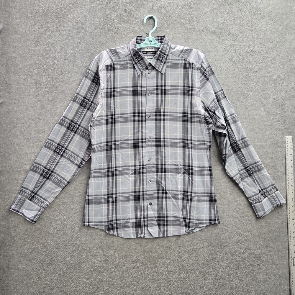 Dolce & Gabbana Men Button Up Shirt 16 Gray Plaid Gold Long Sleeve